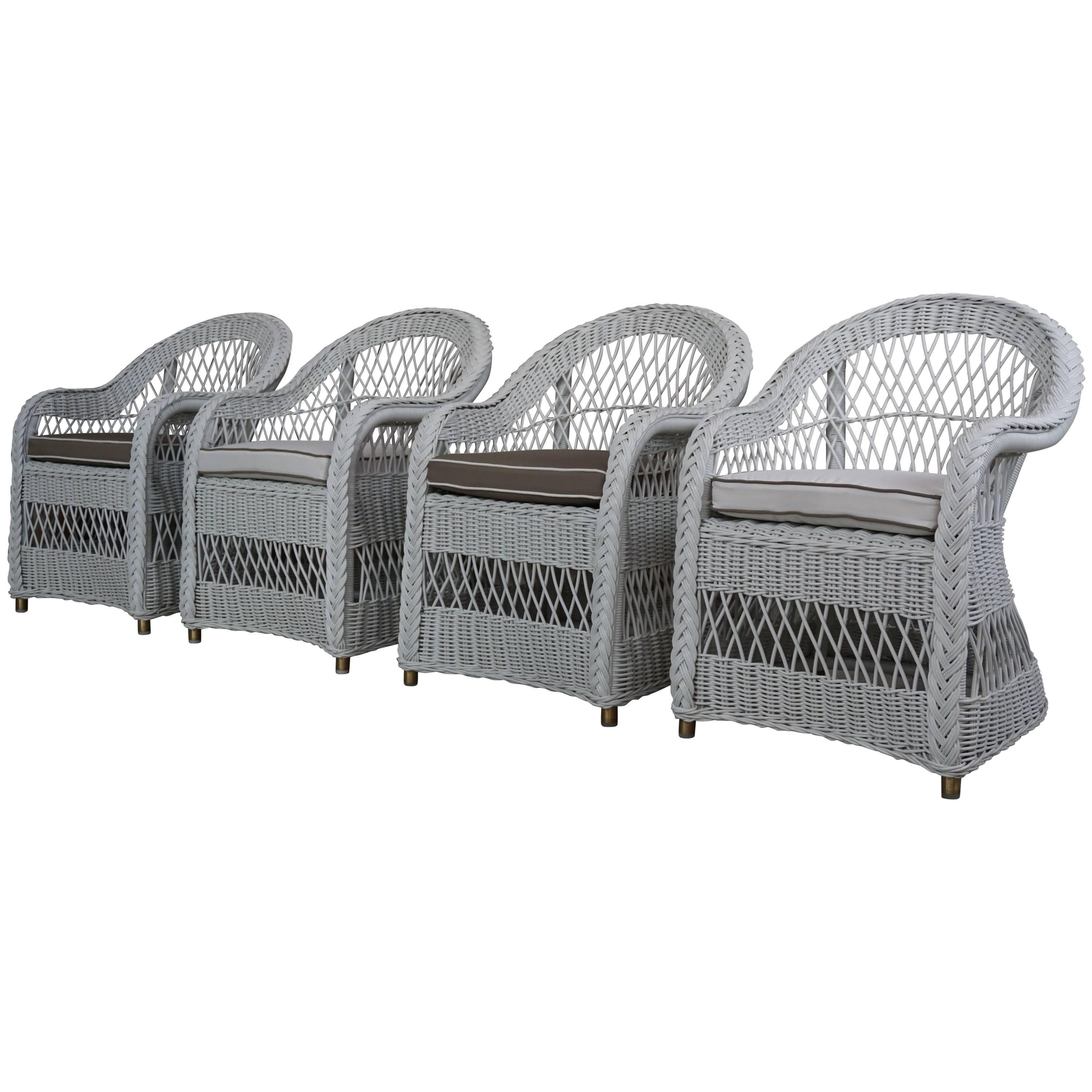 Set of Four White Wicker Rattan Armchairs