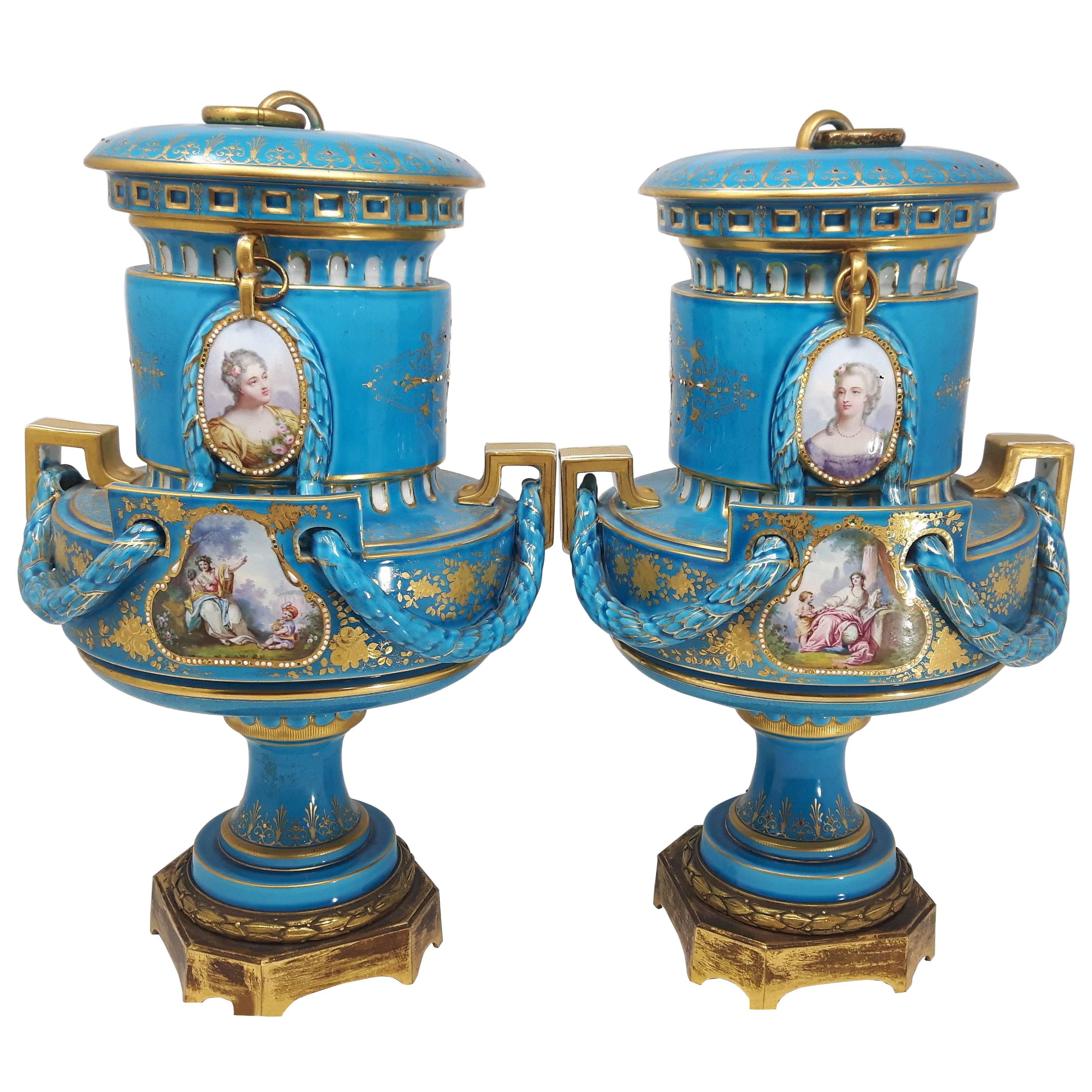 Pair of French Provincial 19th Century Porcelain Serve Vases, circa 1870