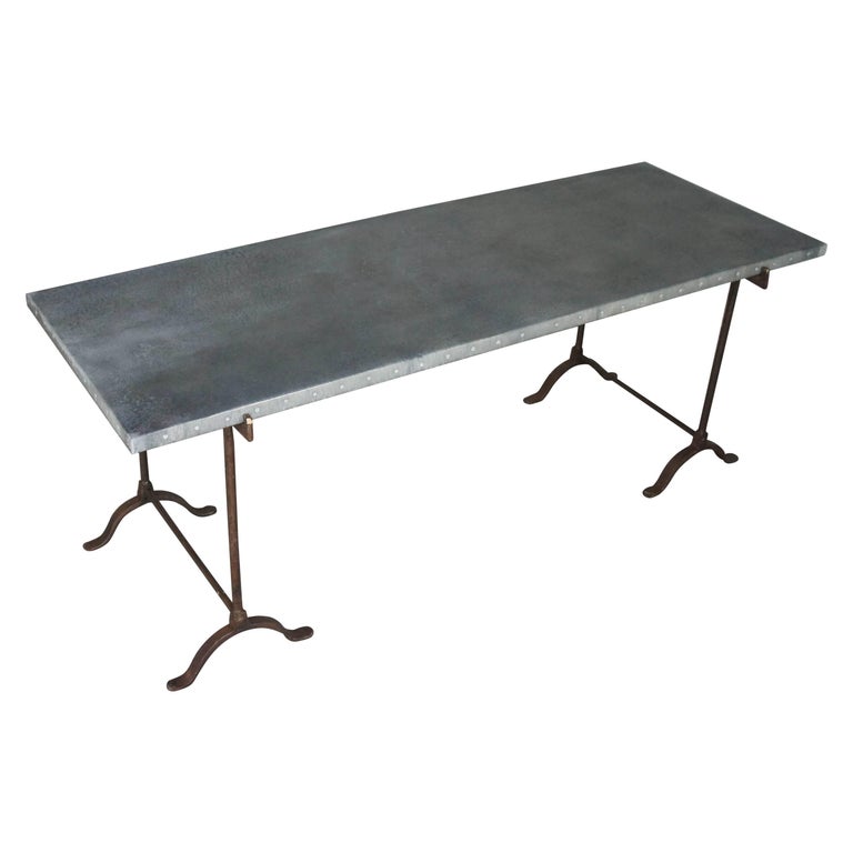 Vintage Industrial Zinc Top Dining Table on Wrought Iron Trestle Legs