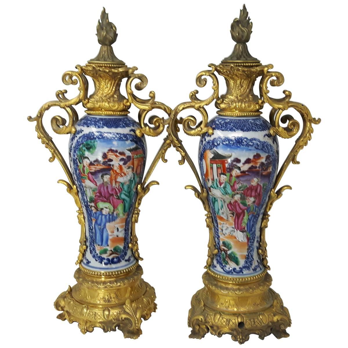 Pair of 18th Century Chinese Export Mandarin Vases, circa 1750