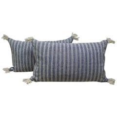 Pair of French 19th Century Antique Blue Striped Cotton Pillows
