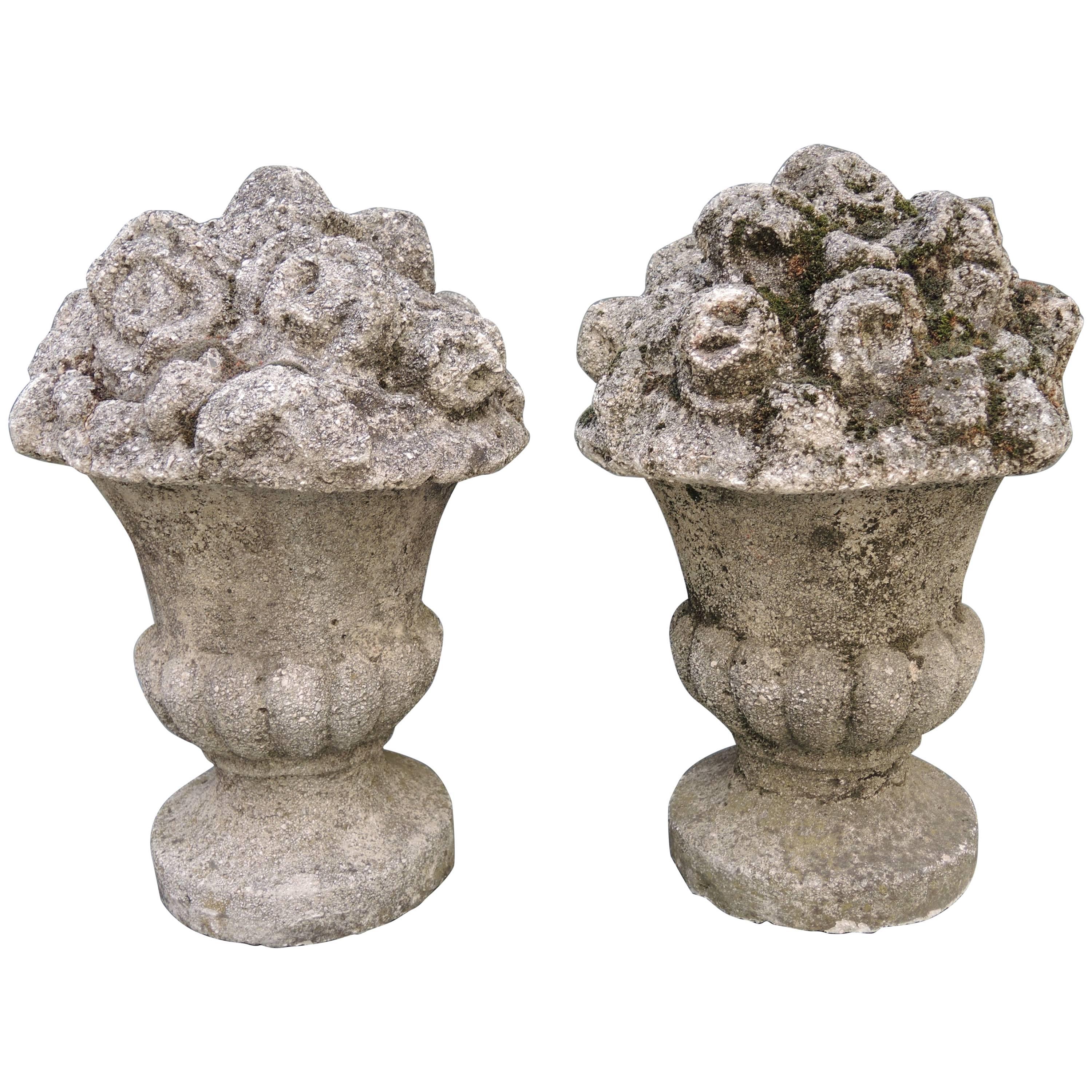 Pair of French Neoclassical Style Cast Stone Urns with Flowers For Sale