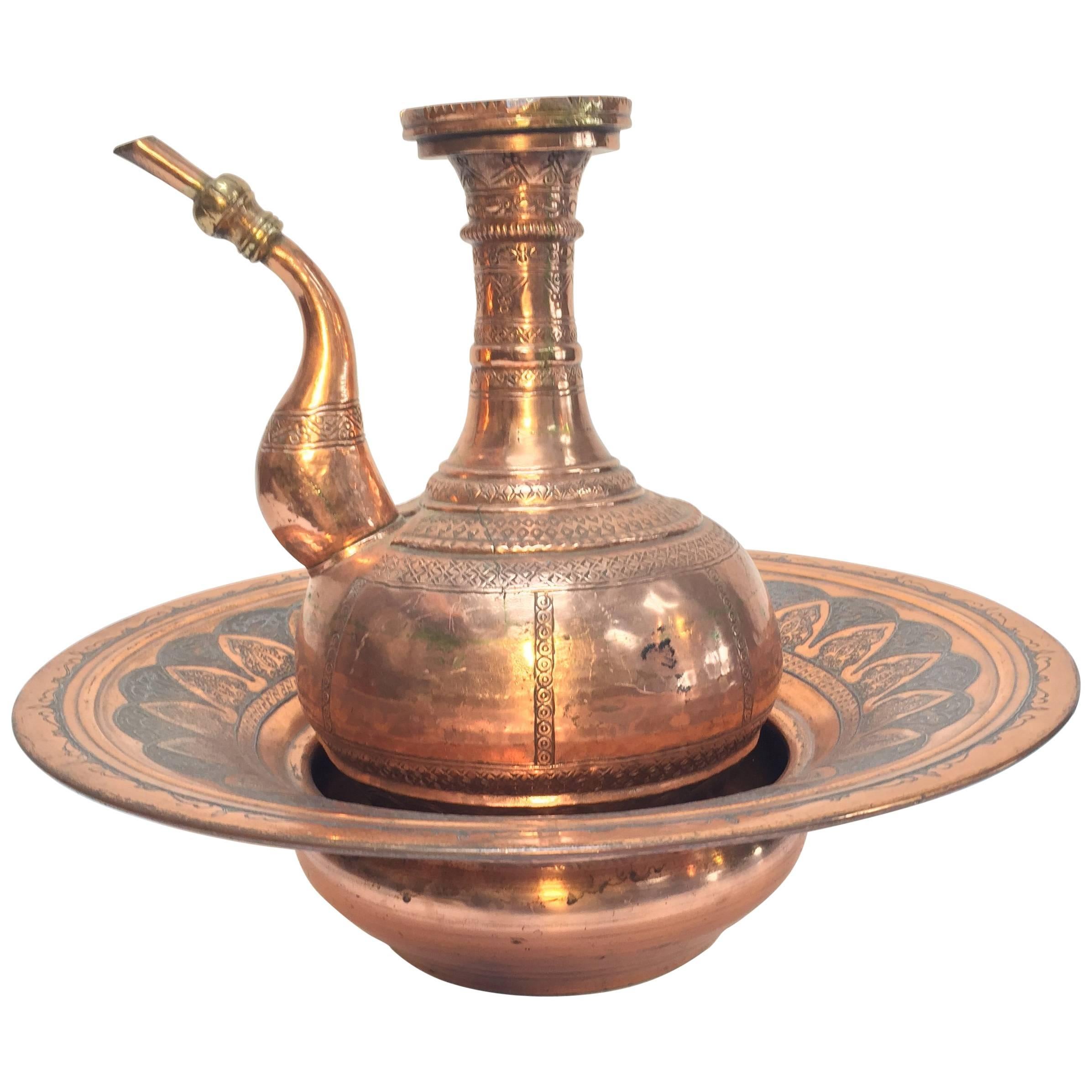 Middle Eastern Turkish Ewer and Copper Basin For Sale