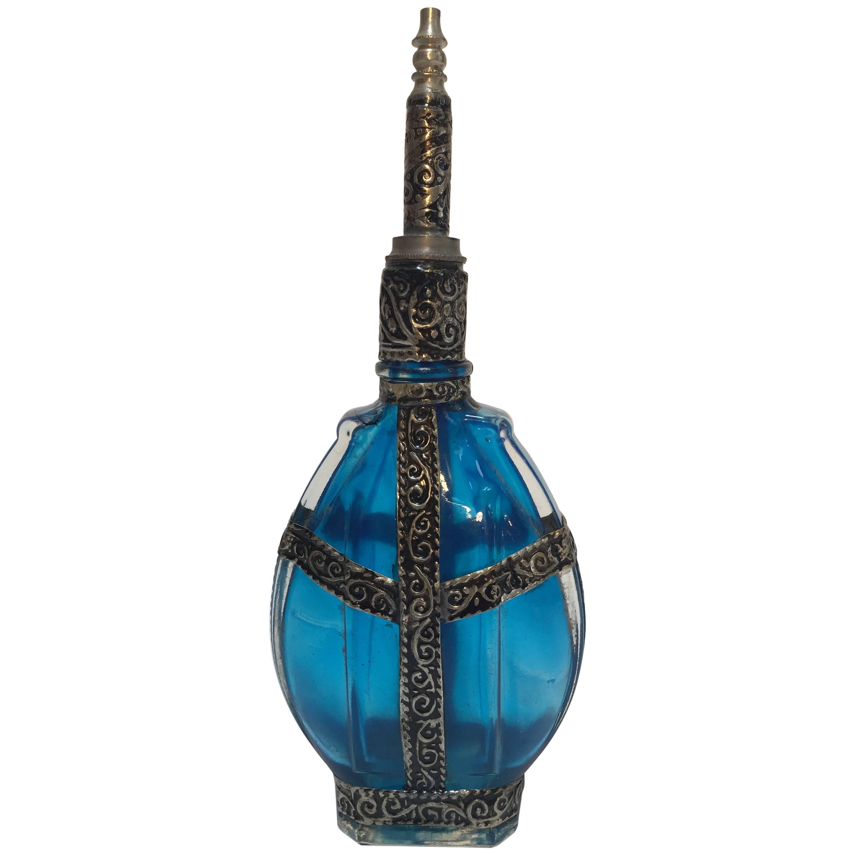 Moorish Rose Water Sprinkler Blue Glass Perfume Bottle with Metal Overlay