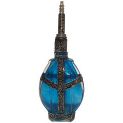 Vintage Moorish Rose Water Sprinkler Blue Glass Perfume Bottle with Metal Overlay