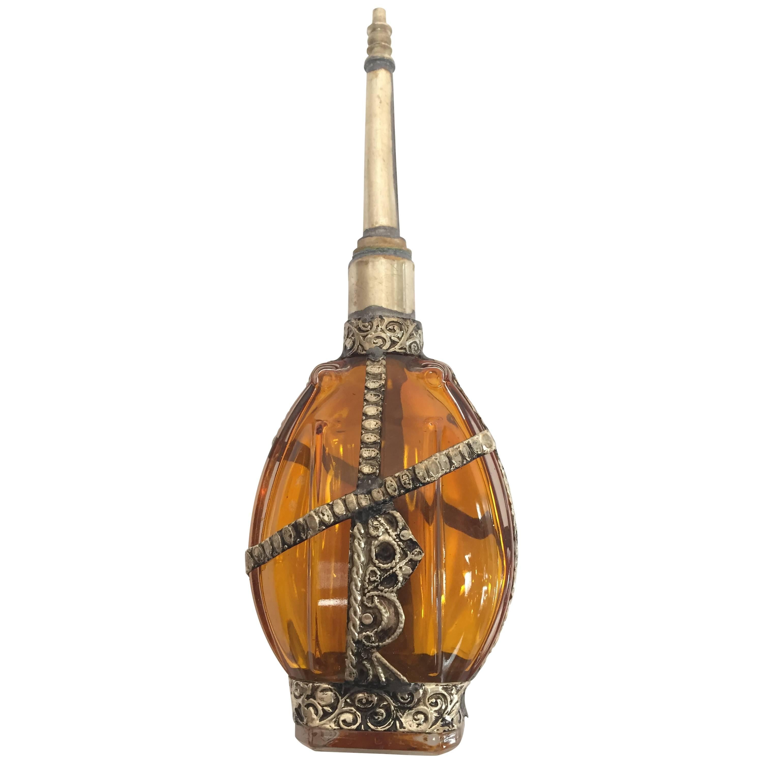 Moorish Glass Perfume Bottle Sprinkler with Embossed Metal Overlay For Sale