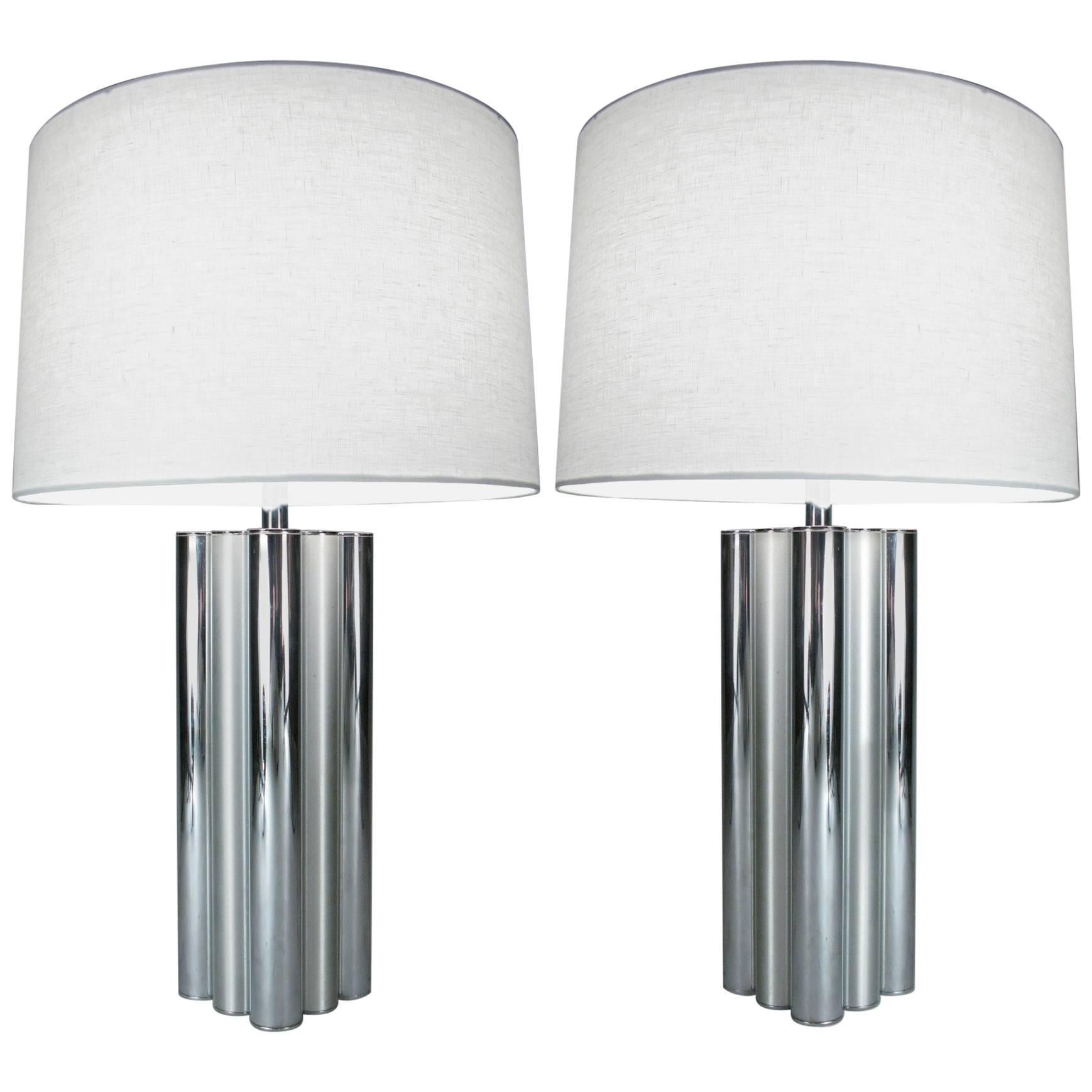 Pair of 1970s Chrome and Brushed Steel Tubular Lamps by Mutual Sunset