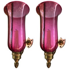 Antique Pair of Hurricane Wall Sconces, Cranberry