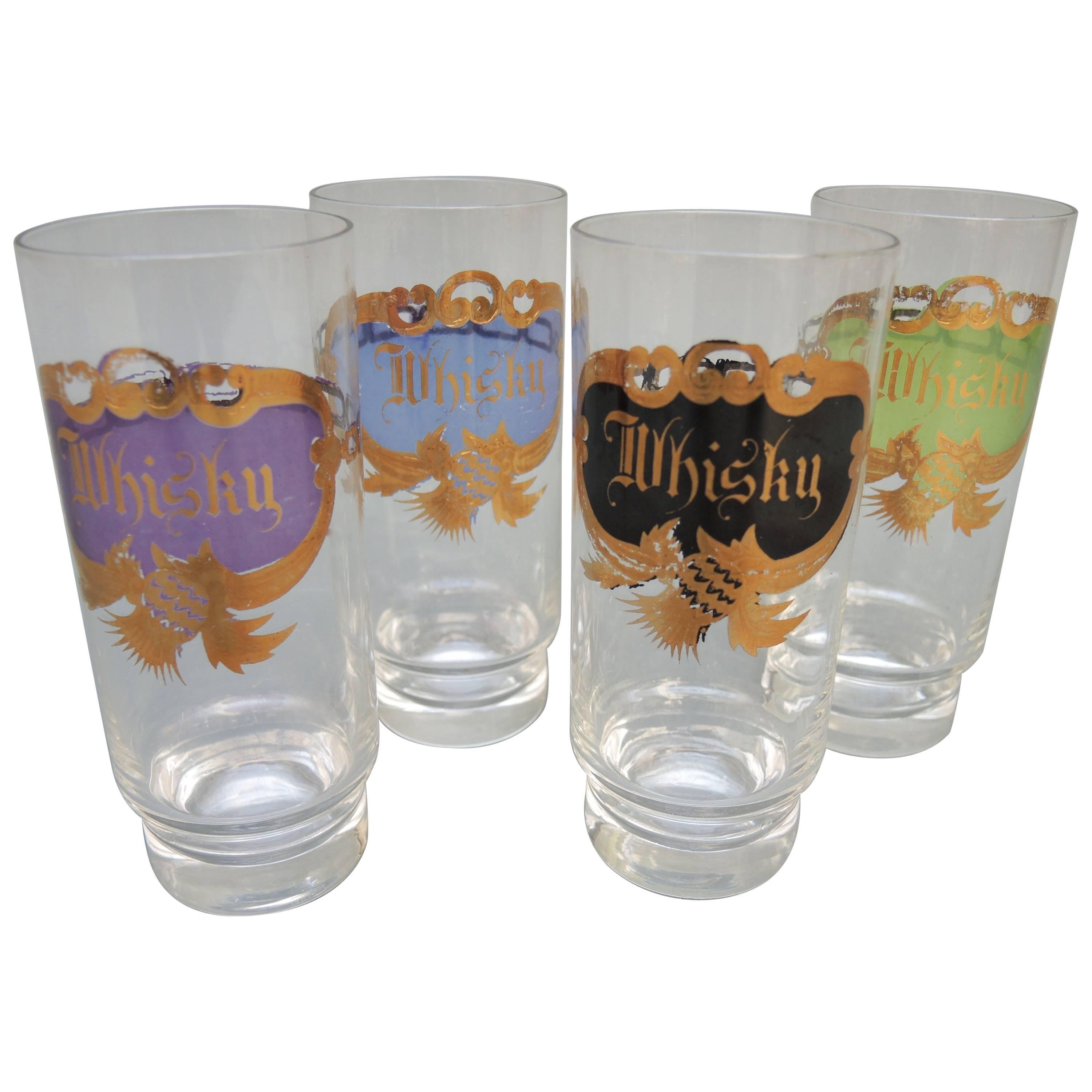 Set of Four Vintage Whisky Glasses with Thistle Decoration For Sale