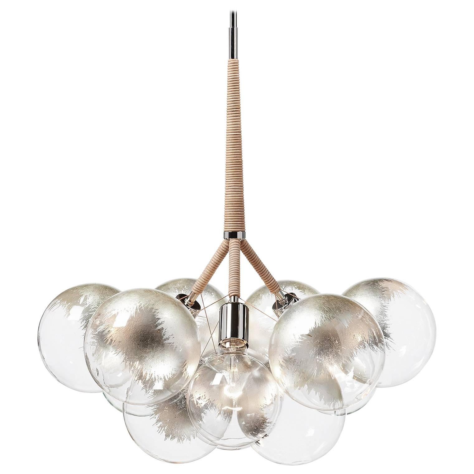 Large Silver Leaf Bubble Chandelier in Polished Nickel/Natural Leather by Pelle