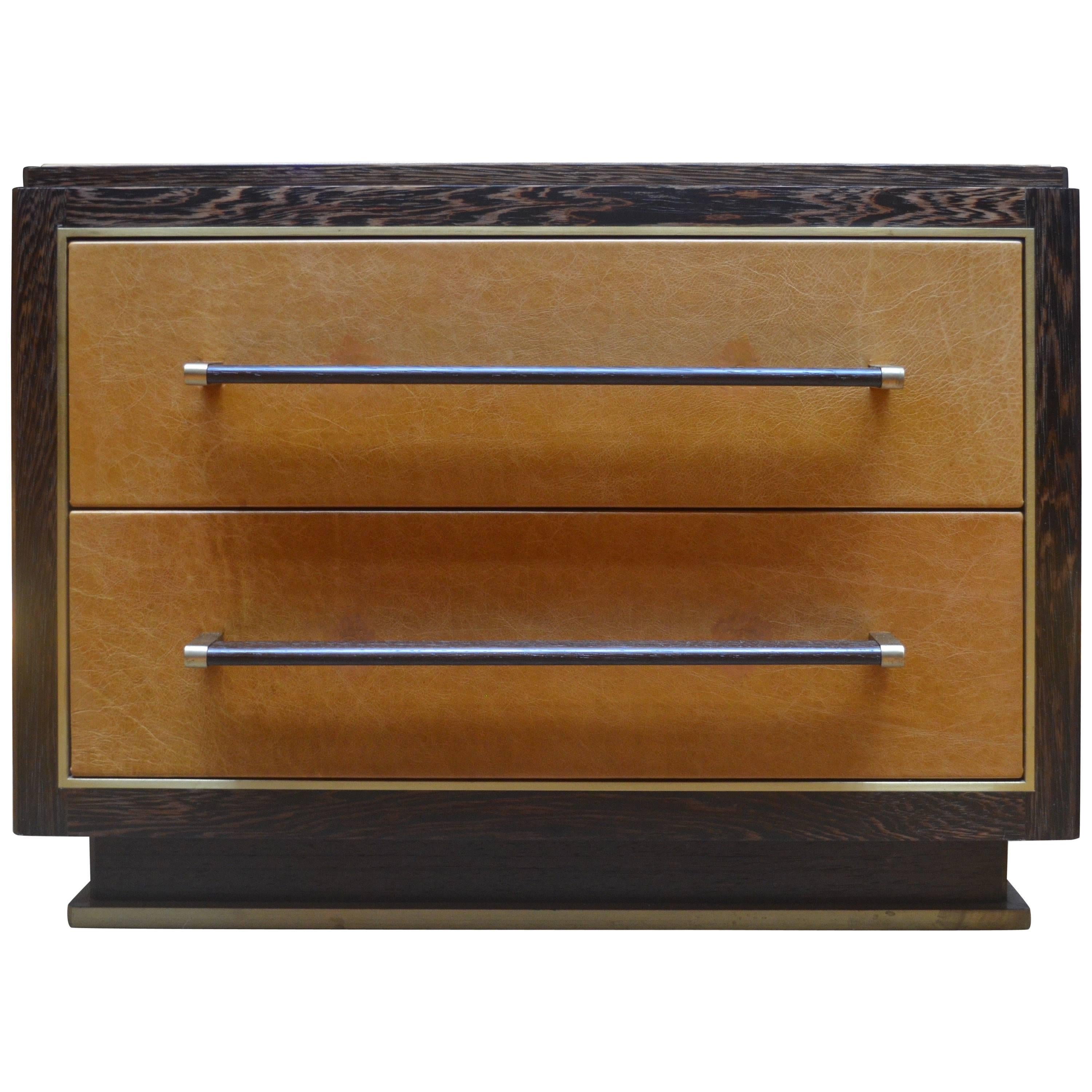 Abuelo Pedestal Nightstand in Oiled & Waxed Wenge w/ Leather and Brass Detail For Sale