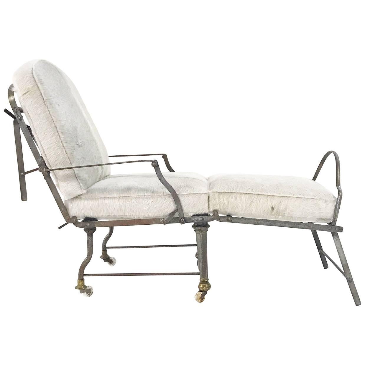 Antique French Metal Campaign Chaise Chair with Custom Brazilian Cowhide Cushion For Sale