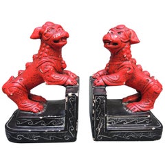Antique Pair of Hollywood Regency Red Lacquered Chinoiserie Foo Dog Book End Sculptures