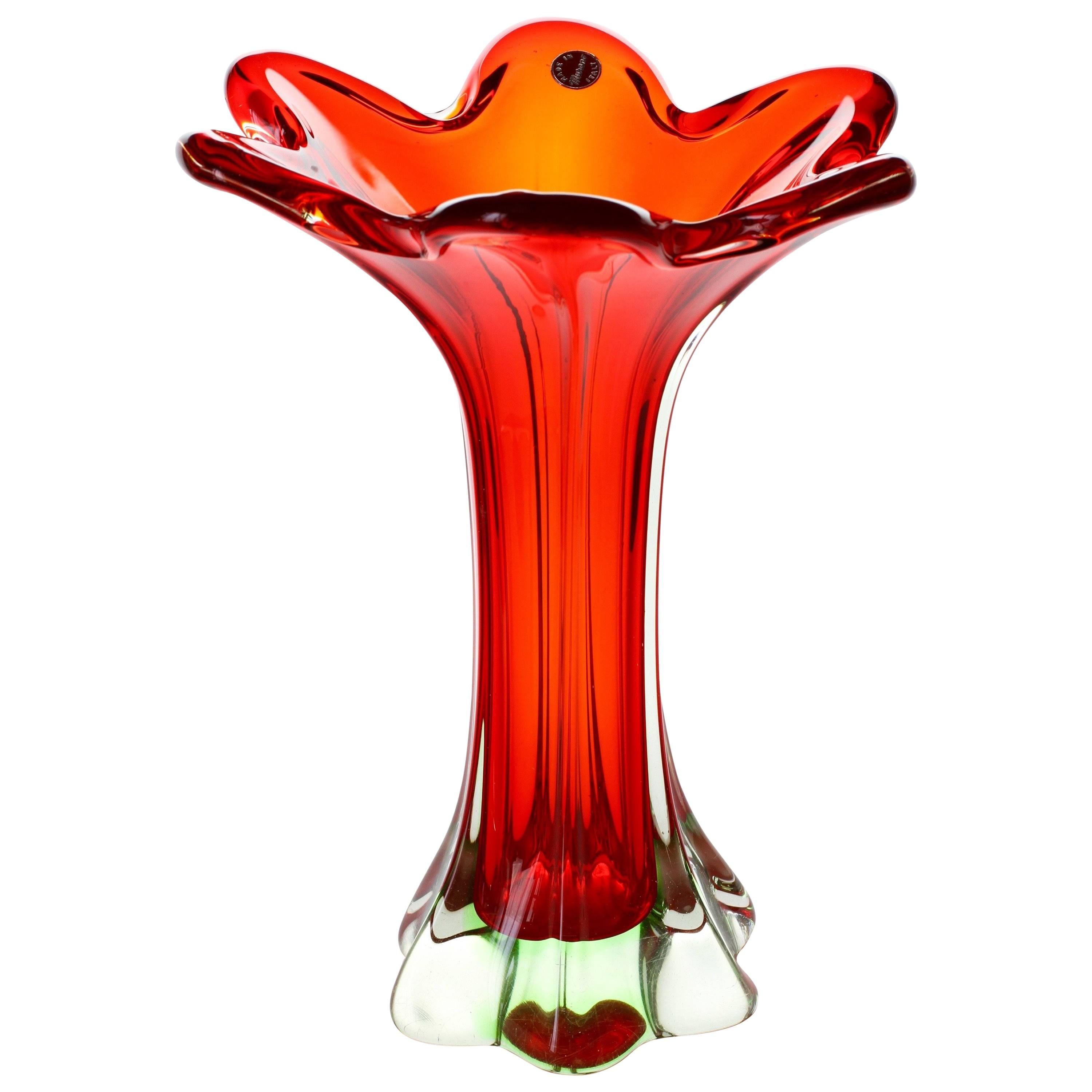 Tall Vintage Italian Mid-Century Red Murano Sommerso Glass Vase