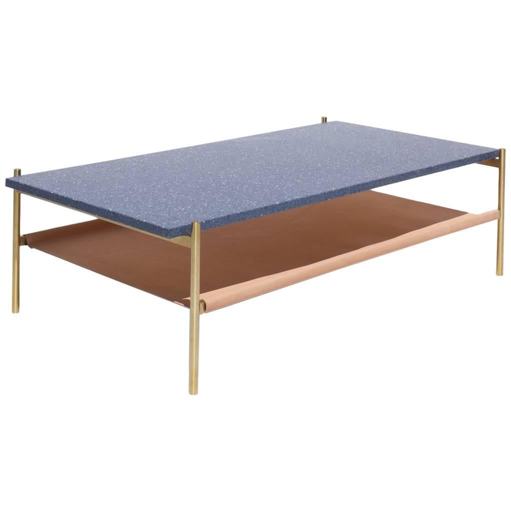 Duotone Rectangular Coffee Table, Brass Frame / Blue Mosaic / Natural Leather For Sale