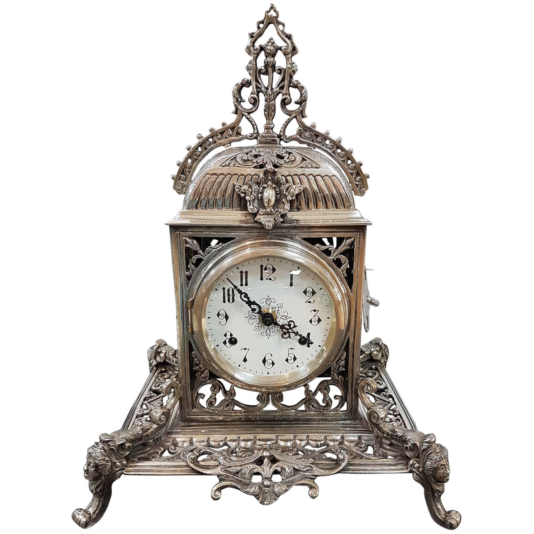 20th Century Italian Silver Gothic revival Table Clock. Casting and chisel