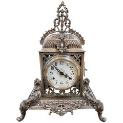 Retro 20th Century Italian Silver Gothic revival Table Clock. Casting and chisel