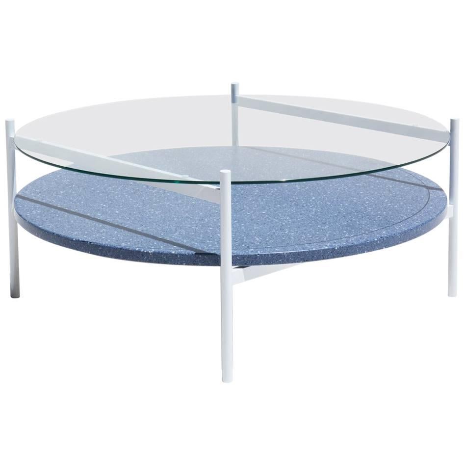 Duotone Circular Coffee Table, White Frame / Clear Glass / Blue Mosaic For Sale