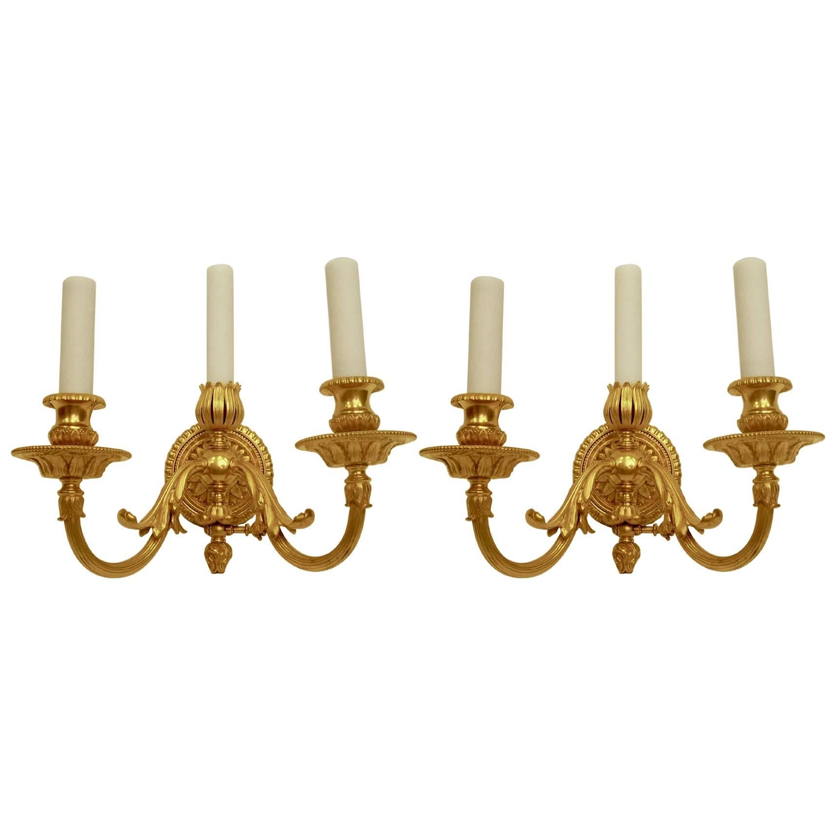 Pair of Neo-Cassical Gilt Bronze Three-Light Wall Sconces by E. F. Caldwell