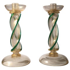 Vintage Pair of Seguso Murano Glass Candlestick Wireable Boudoir Lamps