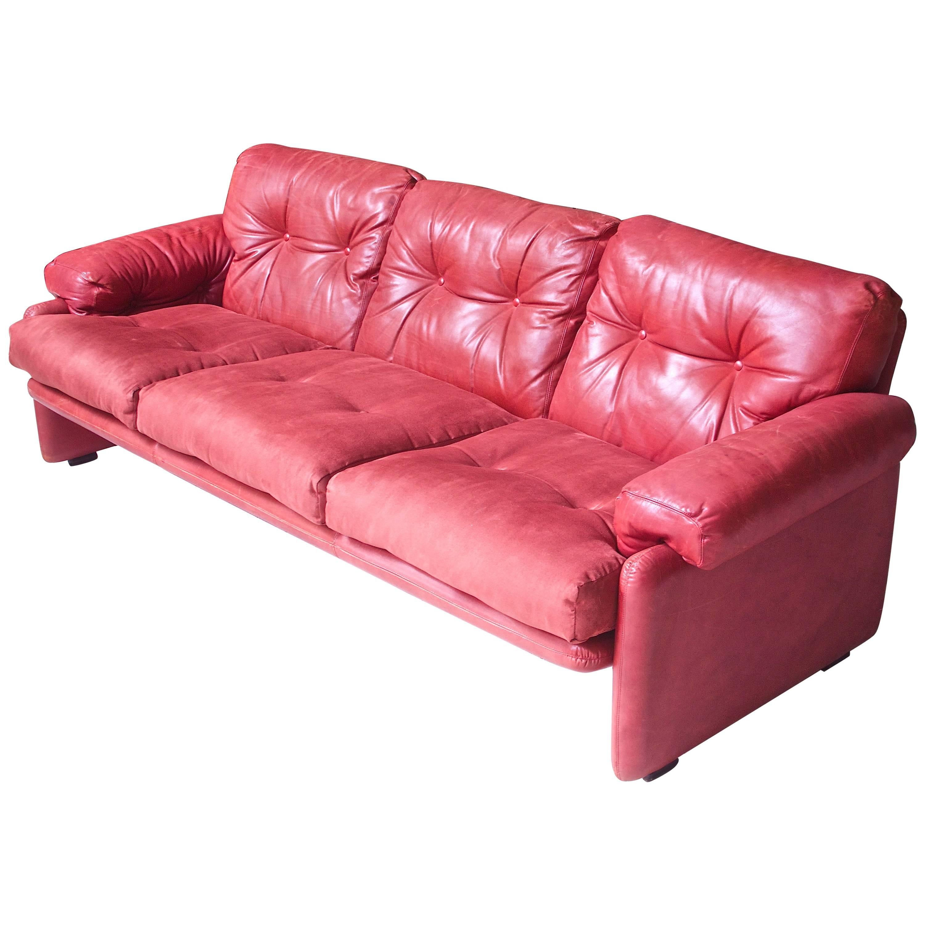 Vintage "Coronado" Sofa in Red Leather and Velvet by Tobia Scarpa, 1966
