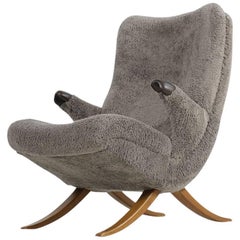 Super rare 1950s Organic Lounge Chair Faux Teddy Bear Fabric & Beechwood Base