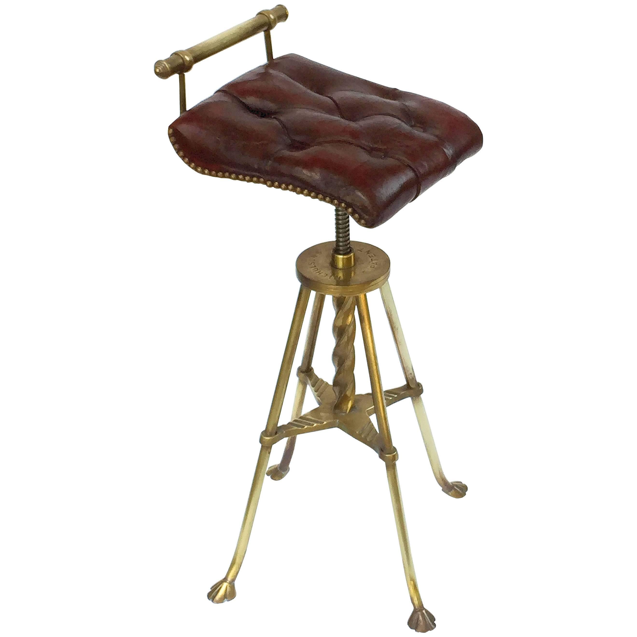English Harpist's Stool of Brass with Original Button Leather Seat