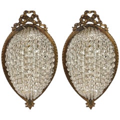 Antique Pair of French Small Cast Bronze All Beaded Sconces