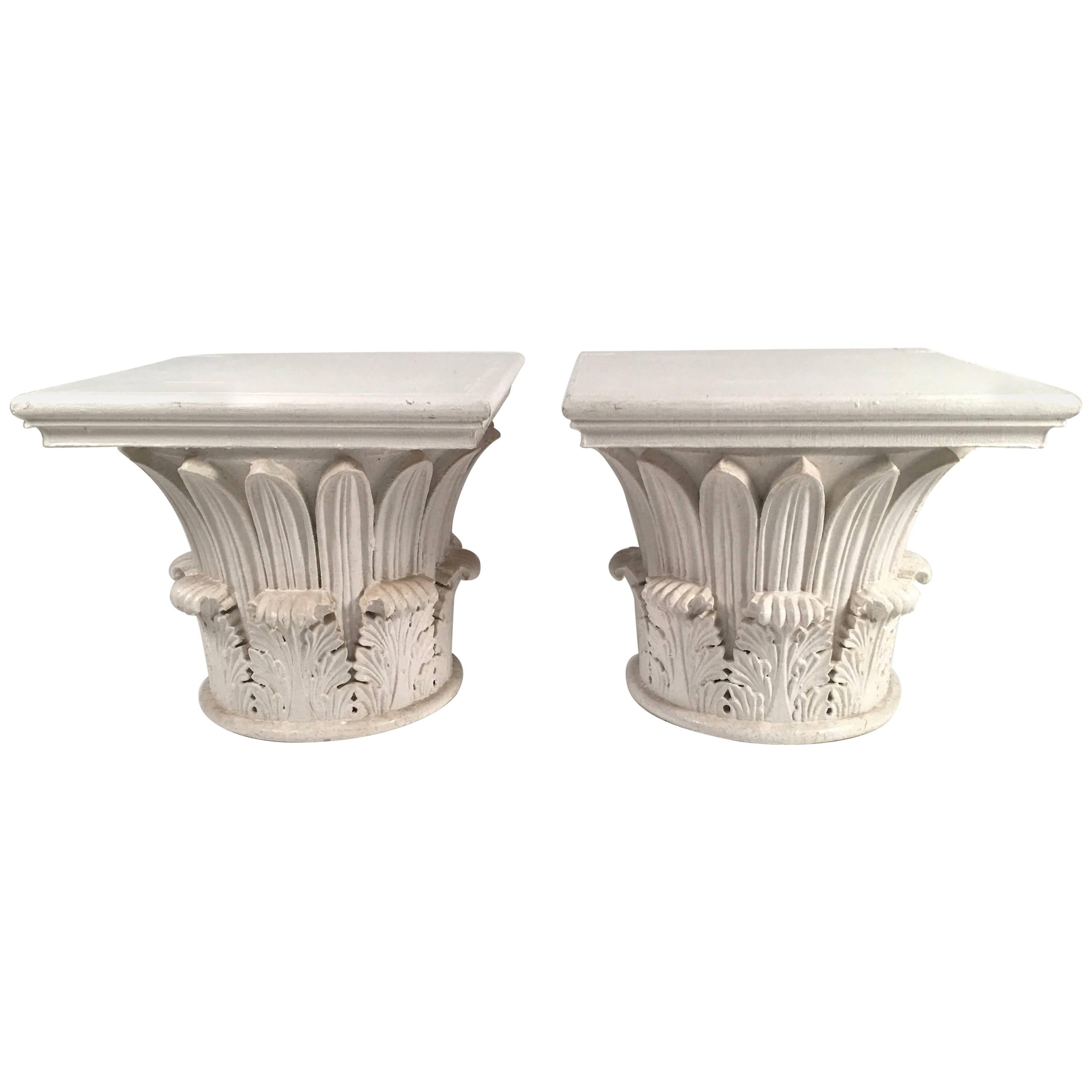 Pair of Carved and Painted Wood Neoclassical Column Capital Tables