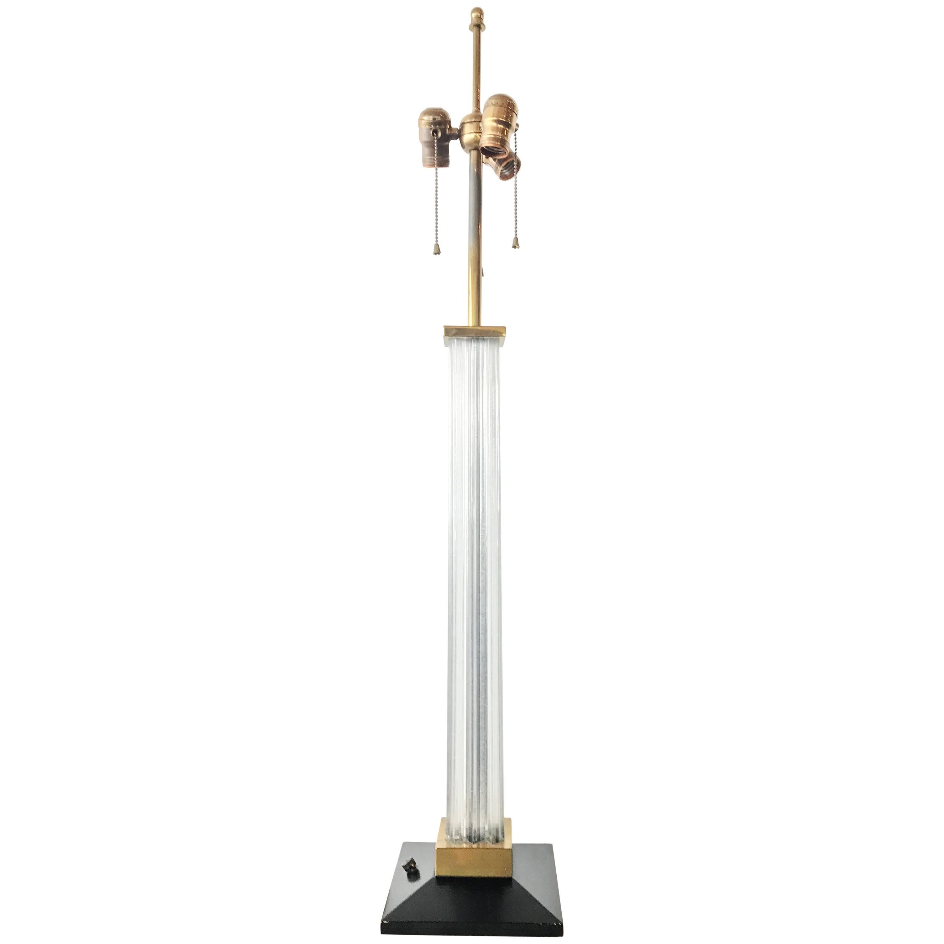 Tall Fluted Lucite and Brass Table Lamp, circa 1970