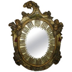  Italian Baroque 18th Century Parcel-Gilt Silver Carved Wood Mirror with Cherubs