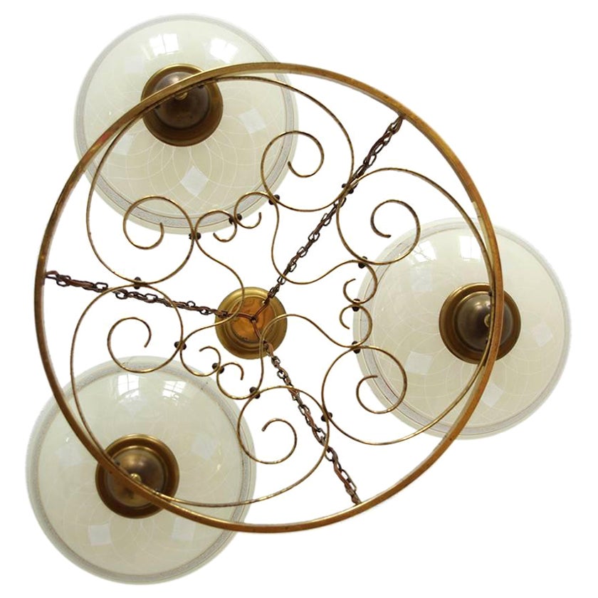 German Vintage Brass and Glass Chandelier, 1940s