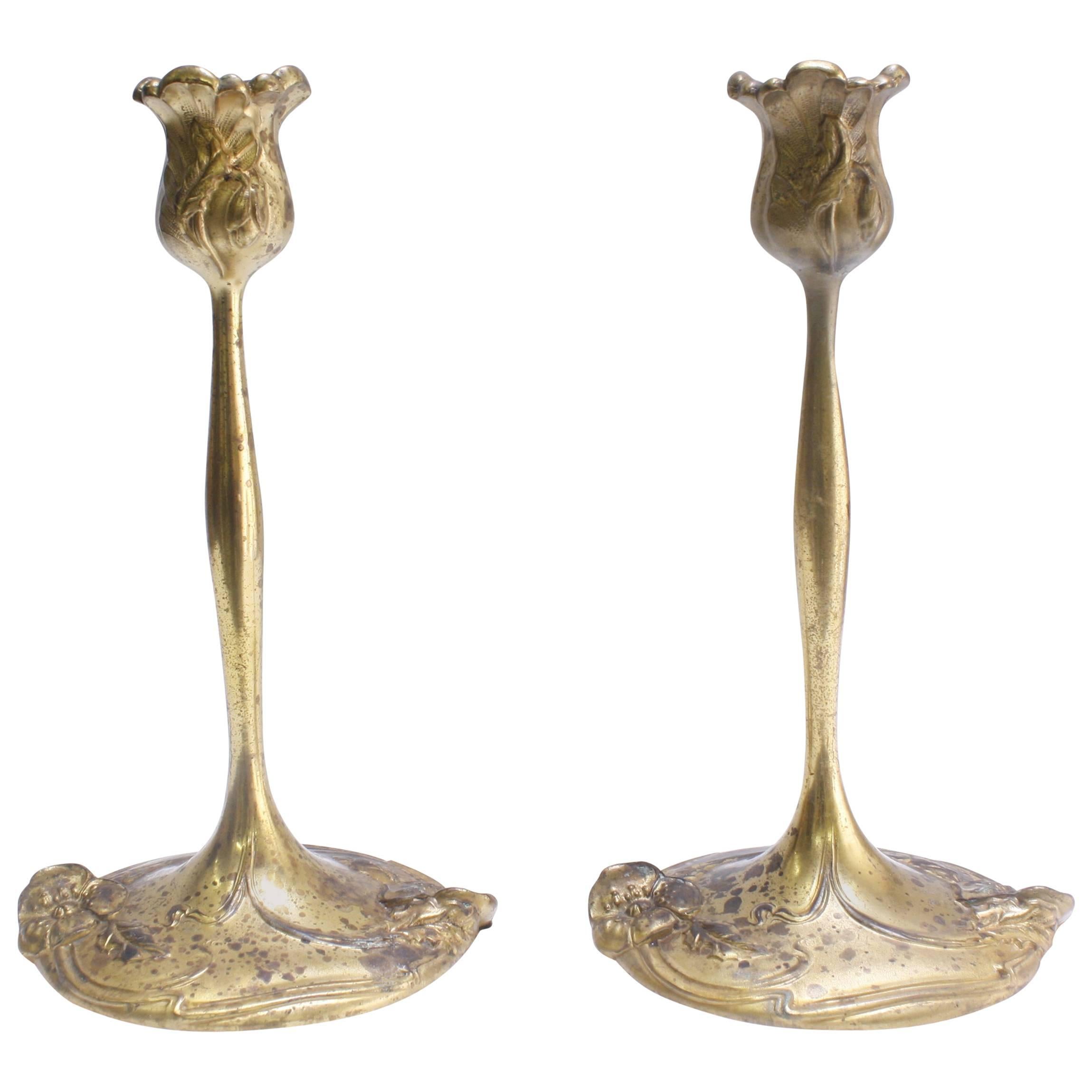 Pair of French Art Nouveau-Style Candlesticks