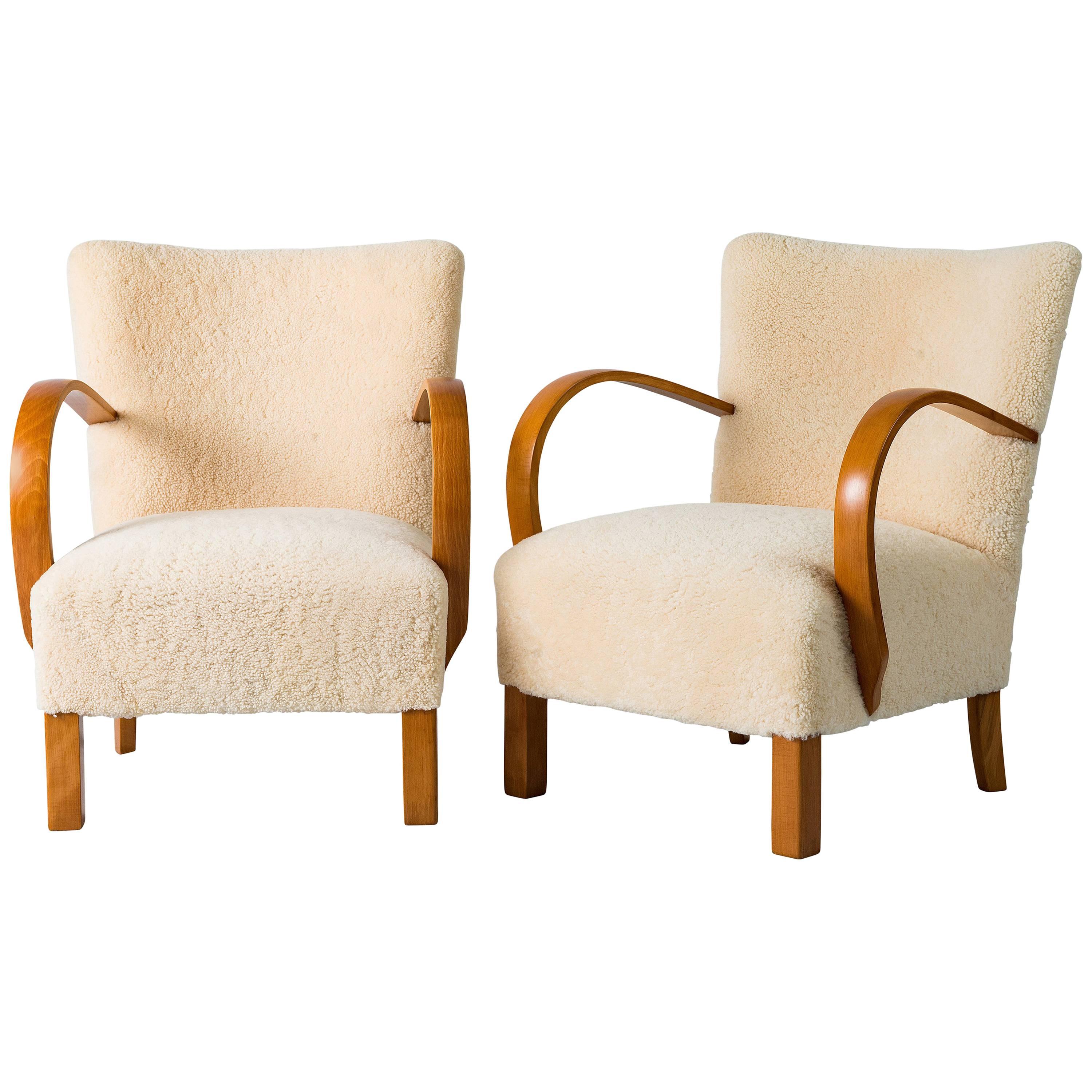 Pair of Scandinavian Sheepskin Lounge Chairs