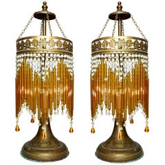 Pair of Italian Art Deco/Art Nouveau Amber/Clear Beaded Glass Murano Table Lamps