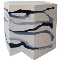 Custom Drip/Fold Side Table, Ash Plywood with Indigo Resin and Leather Top