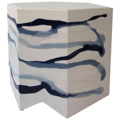 Drip/Fold Side Table, Ash Plywood with Indigo Resin and Leather Top