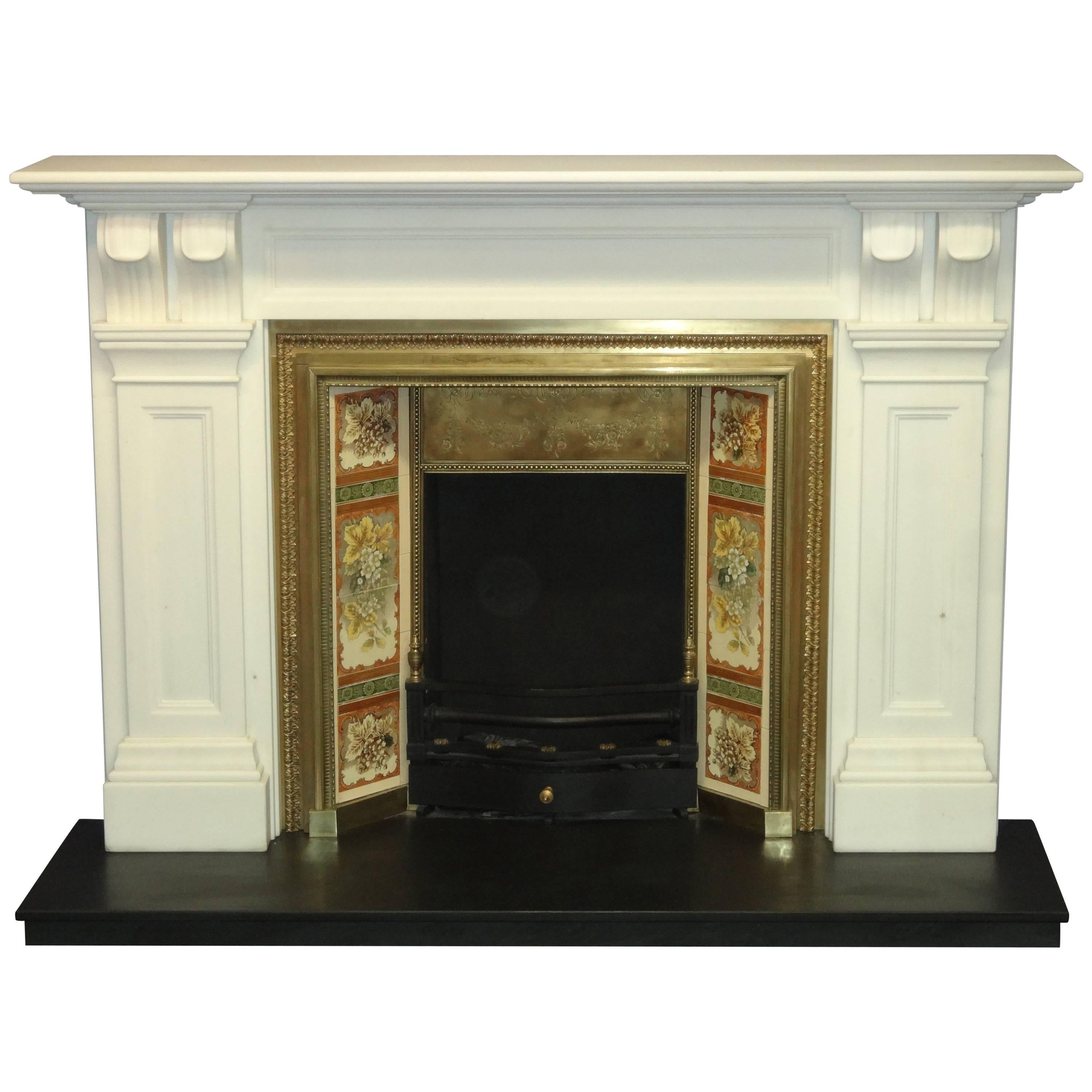 Antique Victorian Style White Marble Fire Surround and Victorian Brass Grate For Sale