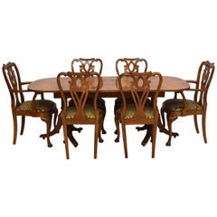 Antique Burr Maple and Walnut Dining Table Plus Six Chairs