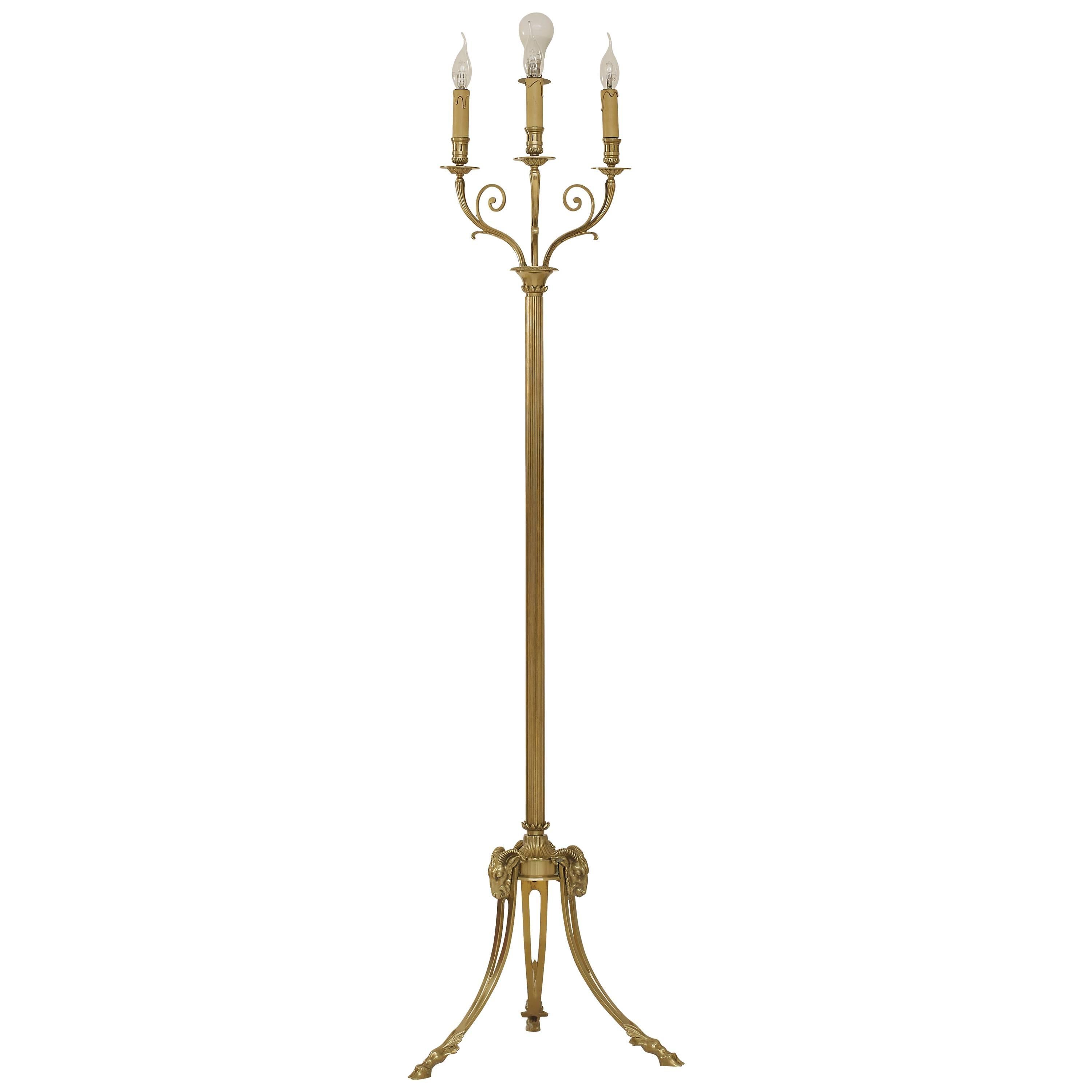 Marcel Guillemard Paris, Signed Bronze and Brass Floor Lamp with Ram's Heads For Sale