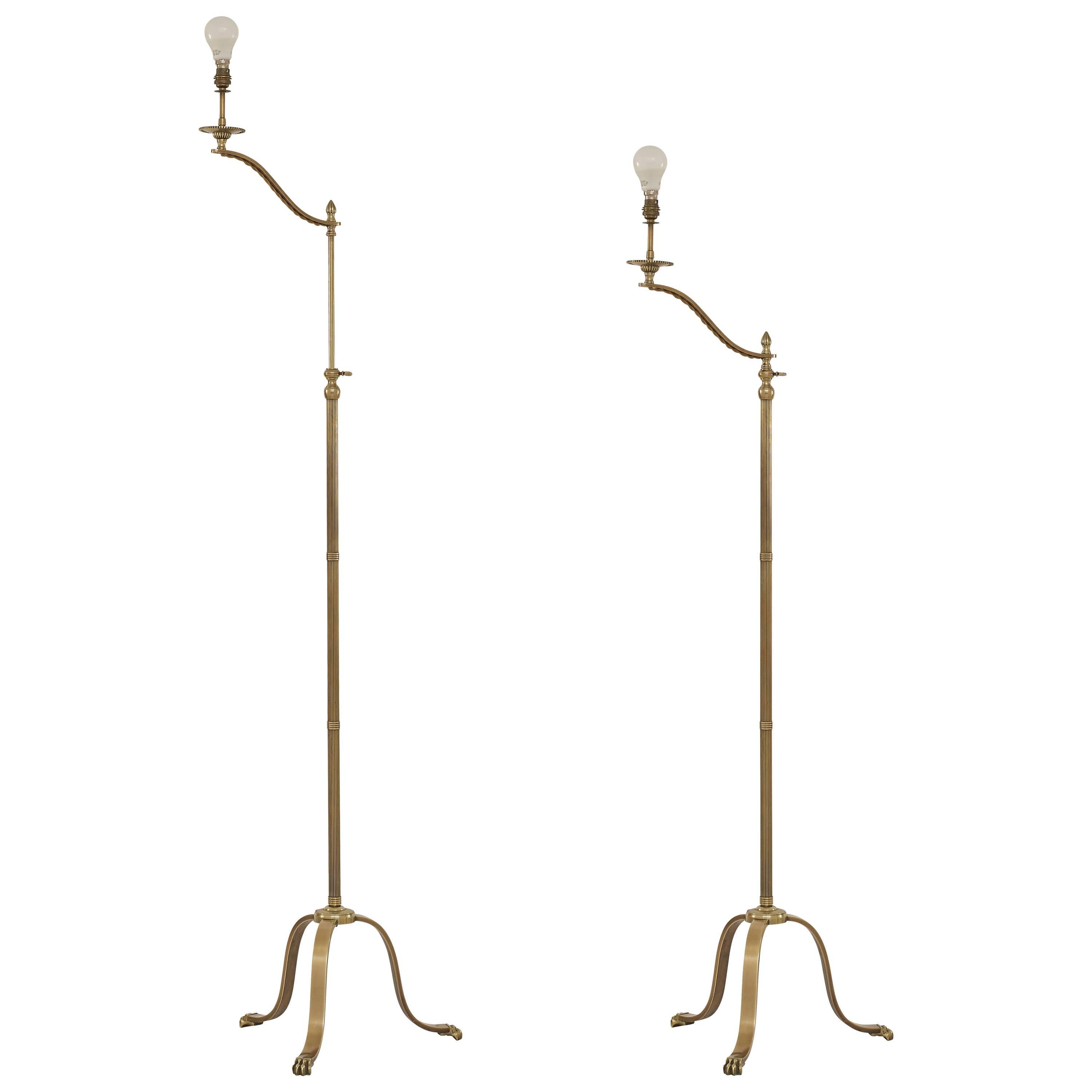 Pair of Maison Jansen Adjustable Brass Reading Floor Lamps with Claw Feet For Sale