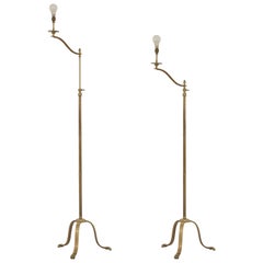Pair of Maison Jansen Adjustable Brass Reading Floor Lamps with Claw Feet
