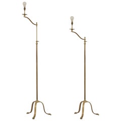 Pair of Maison Jansen Adjustable Brass Reading Floor Lamps with Claw Feet