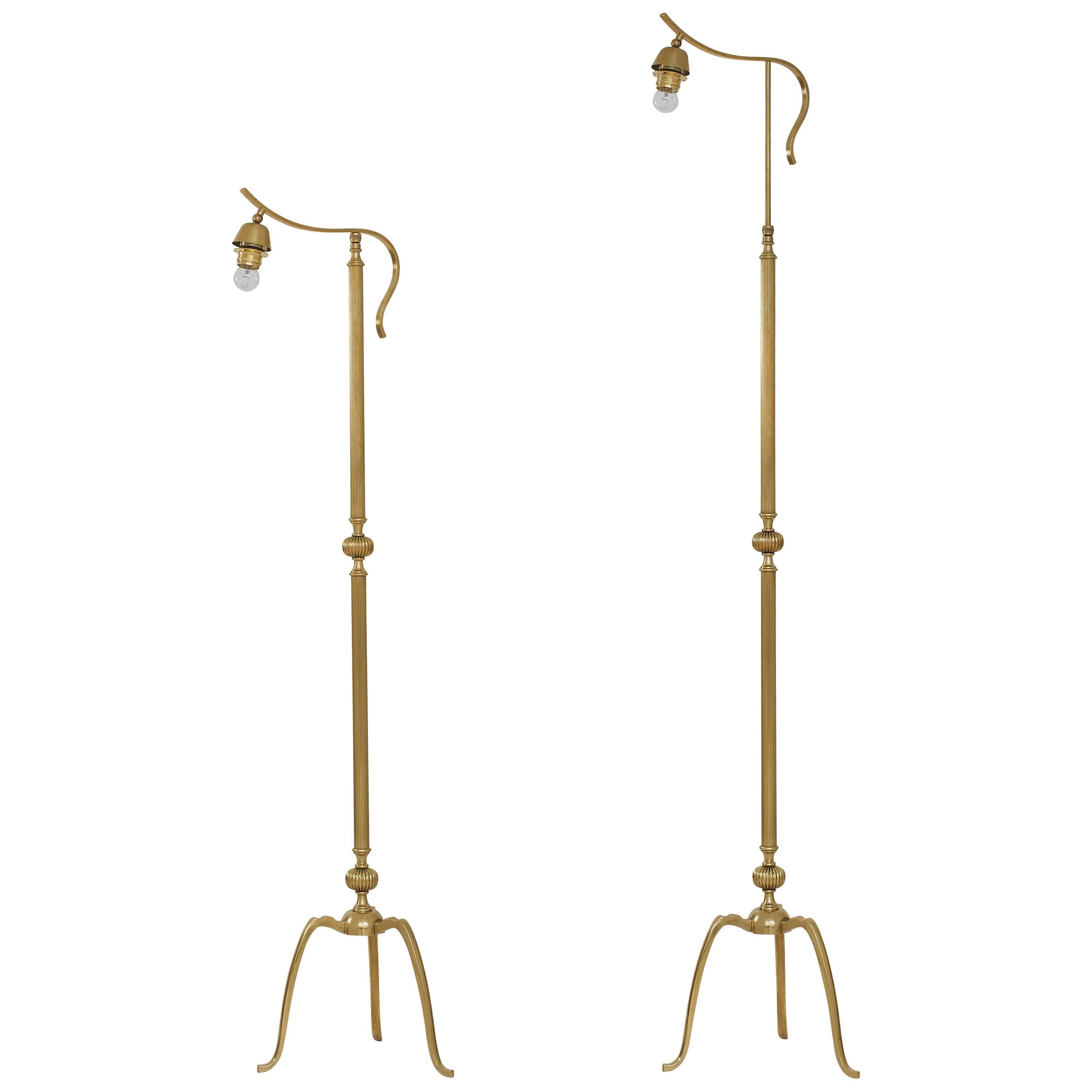 Pair of Adjustable Brass Overhanging Reading Lamps For Sale