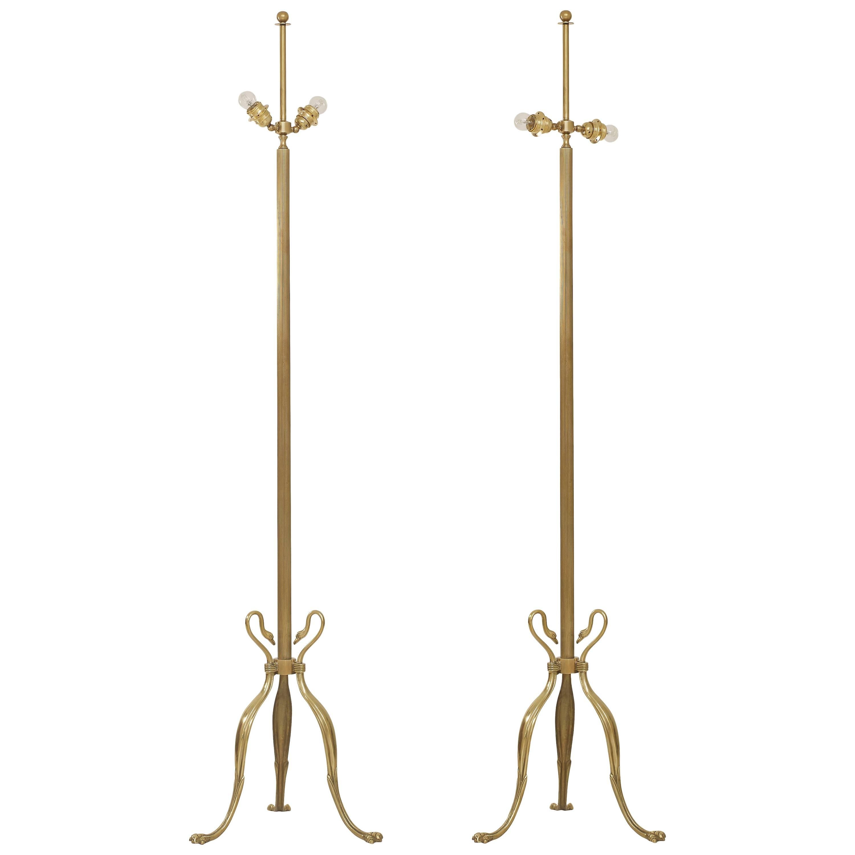 Pair of Maison Jansen Style Swanheads and Feet Brass Floor Lamps For Sale