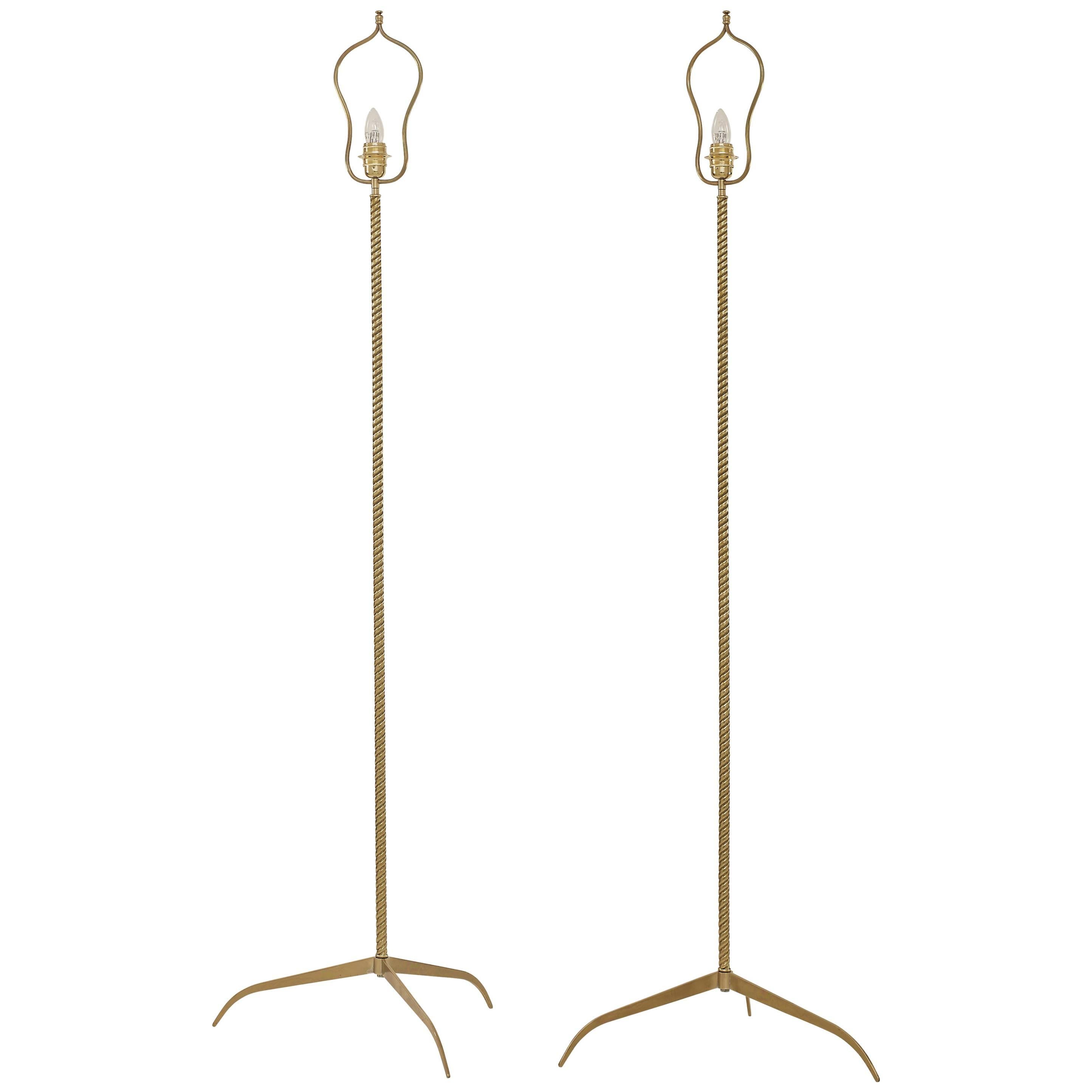 Pair of Twisted Brass Floor Lamps with Adrian Legs, in the Style of Stilnovo For Sale