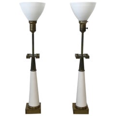1960s Stiffel White and Brass Greek Key Torchere Table Lamps