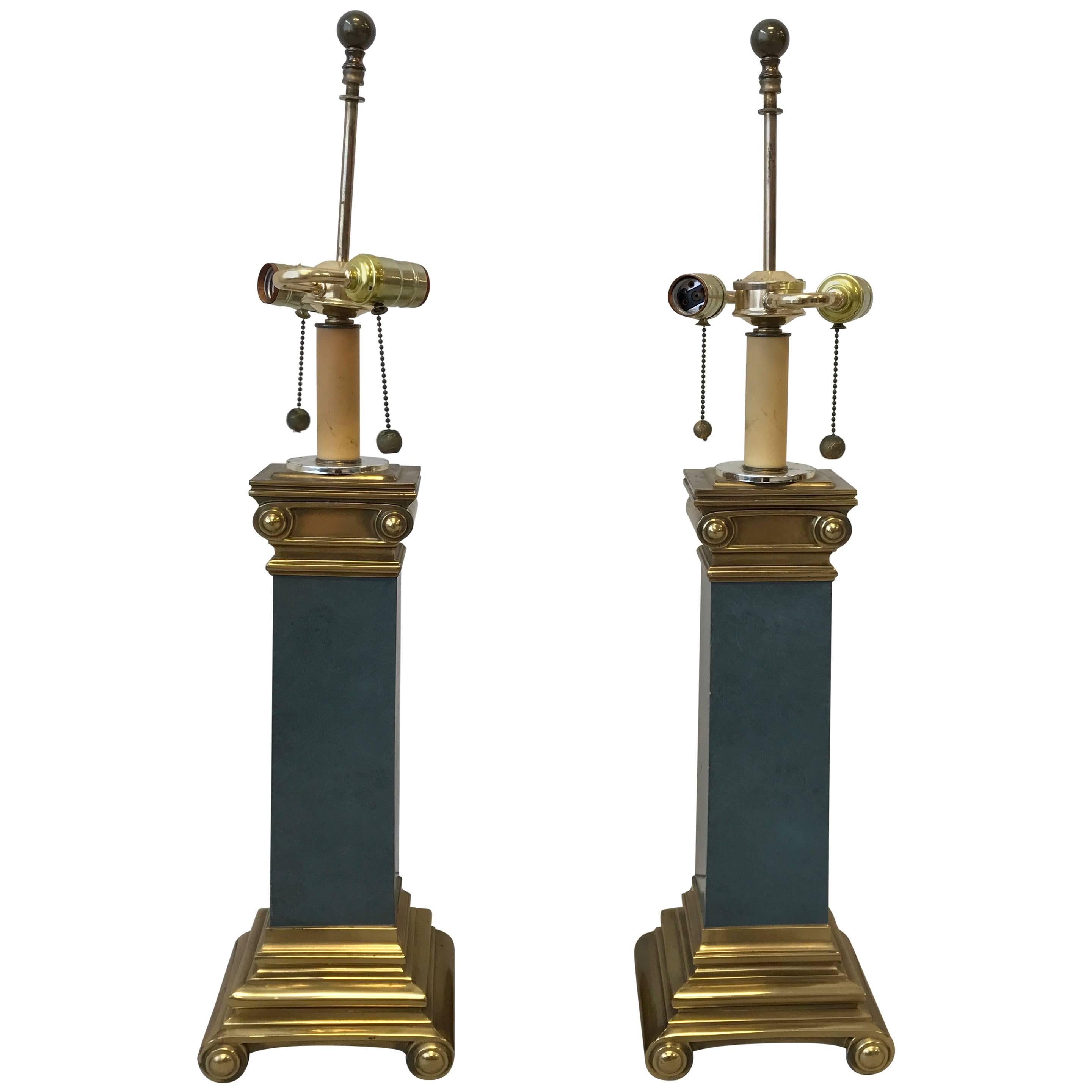 1950s Italian Brass Scroll and Faux Stone Lamps, Pair