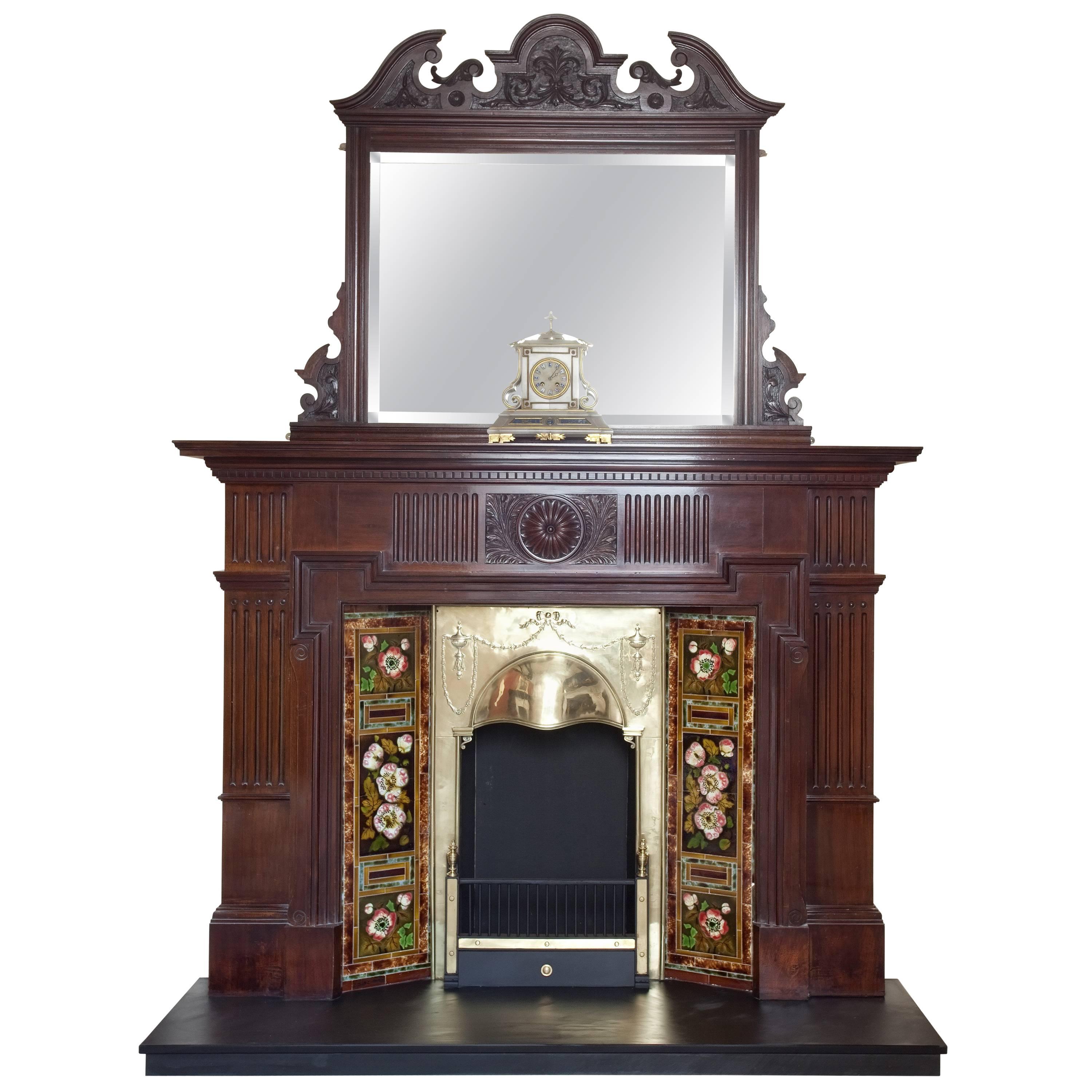 Edwardian Mahogany Fire Surround with Mirror Brass Insert and Tile Side Panels For Sale