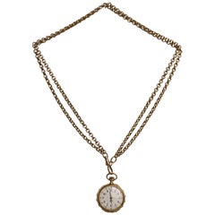 Vintage Victorian Swiss 18-Karat Gold Pocket Watch Pendant with Chain, Necklace